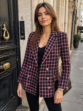 Maje Vitrite Paris Pink & Black Tweed Blazer Size 34 XS Double Breasted Luxury